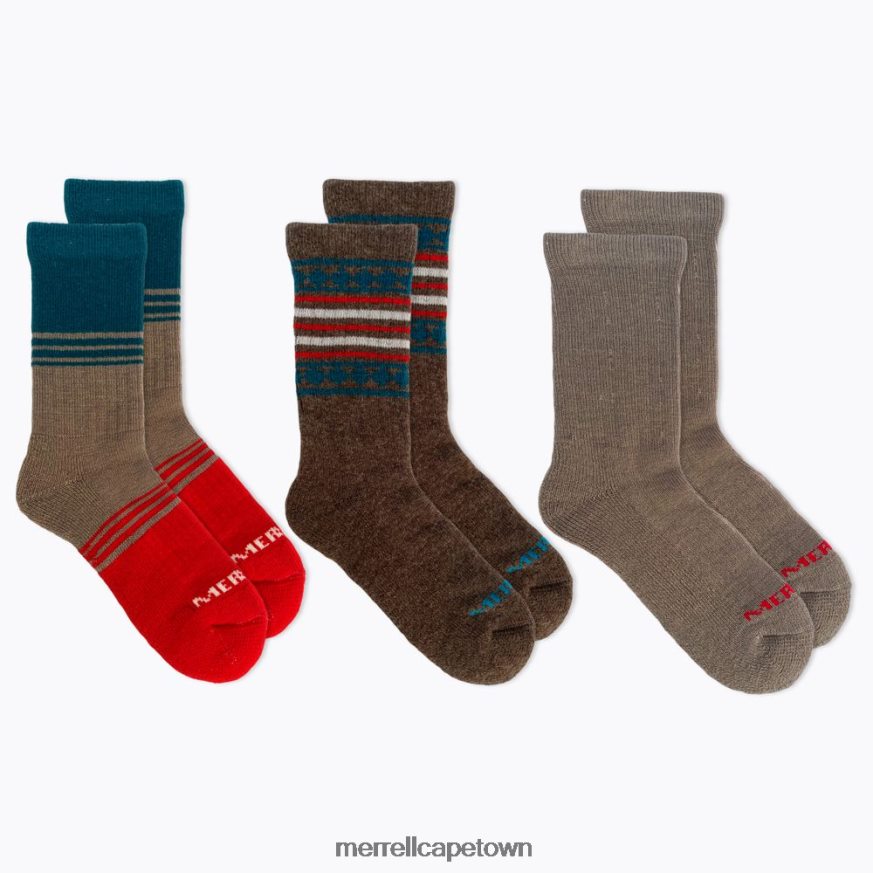 Brown Assorted F60FX2582 Holiday Thermal Wool Blend Crew 3 Pack Sock (JSF26507-238) Merrell